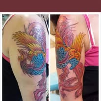 Color phoenix half-sleeve tattoo, by E