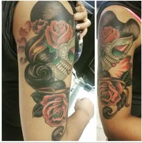 Color rose and skull half-sleeve tattoo, by E