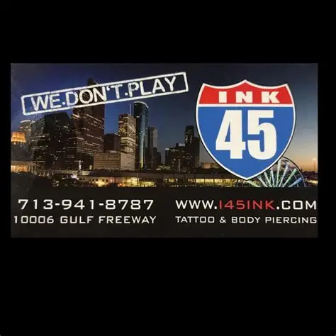 I-45 Ink business card featuring the shop's shield logo, Houston skyline, and the tagline We Don't Play