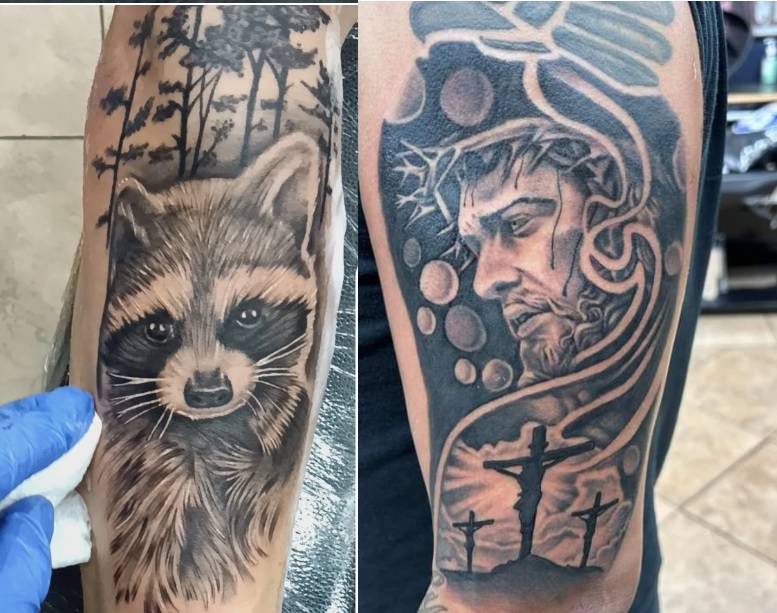 Two black and grey tattoos: a forest raccoon portrait and a religious crown of thorns piece
